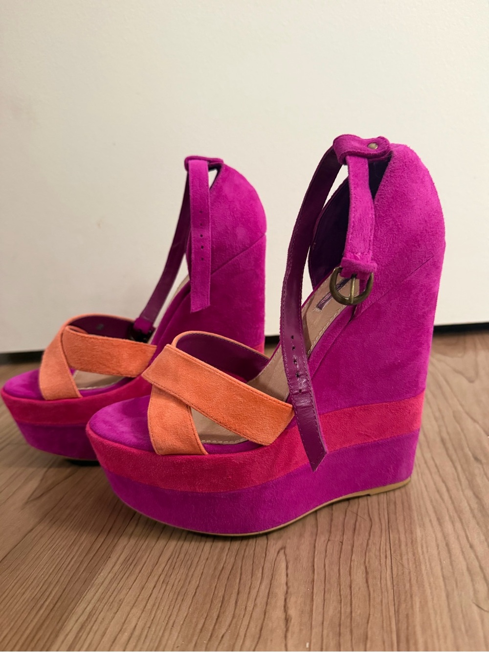 H by Halston Fuchsia and Orange Suede Platform Wedge Sandals